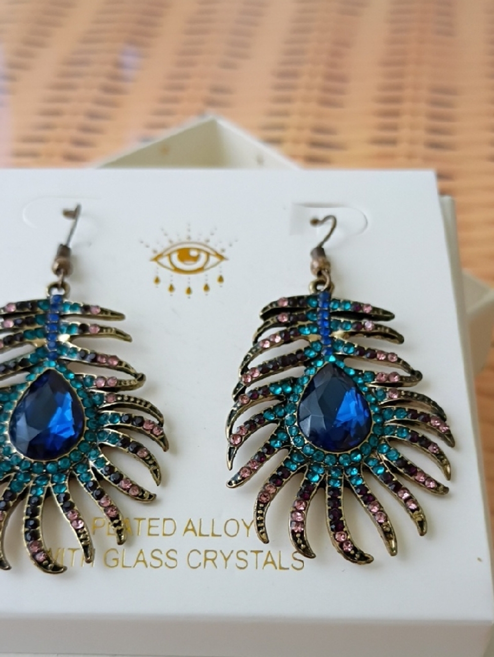 eye candy Blue Teardrop Peacock Feather Crystal Earrings